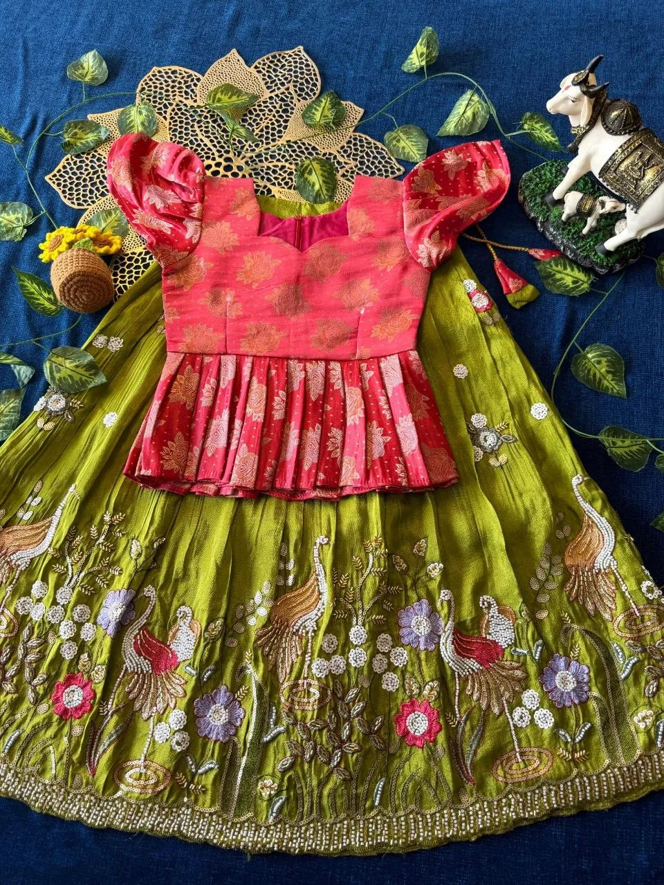 Flamingo Bead & Moti Work Kids Lehenga - Pink & Parrot