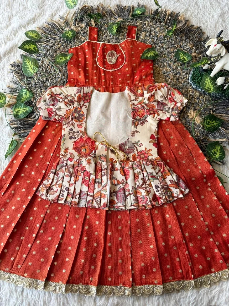 Kids Tissue Gown Kalamkari Mirror Work Coat - Red