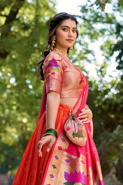 Royal Paithani Lehenga Choli with Dupatta & Batwa - Orange
