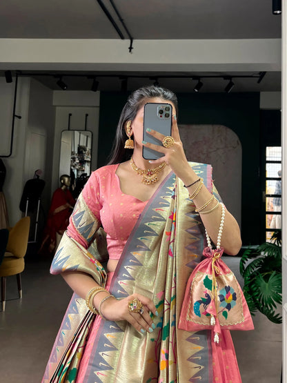 Traditional Maharashtrian Paithani Lehenga Choli for Wedding - Peach