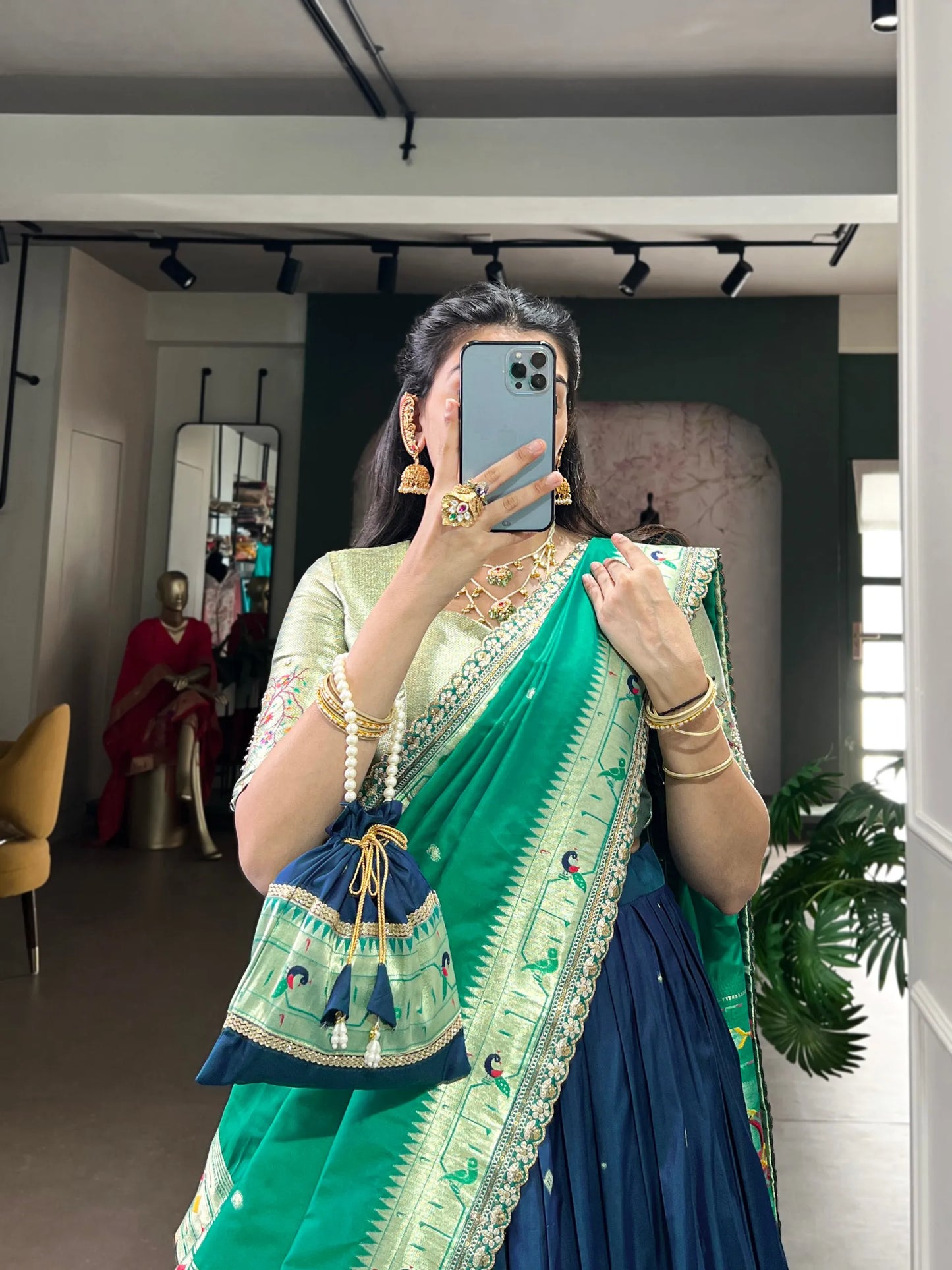 Soft Silk Paithani Embroidery Thread Work Lehenga Choli - Navy Blue