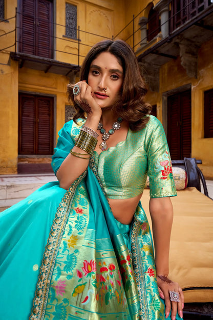 Soft Silk Paithani Embroidery Thread Work Lehenga Choli - Sky Blue