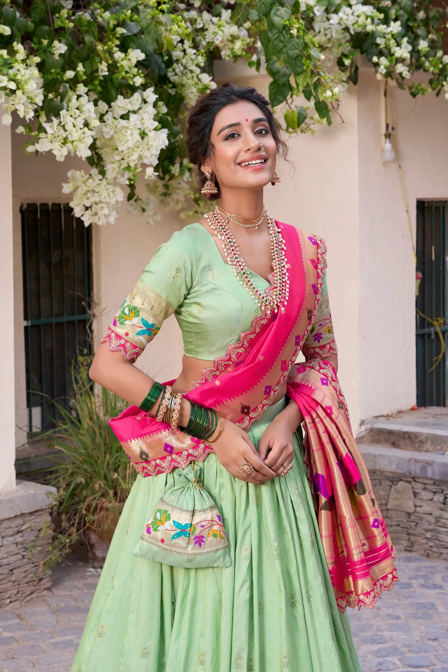 Maharashtrian Wedding Paithani Lehenga Choli - Pista