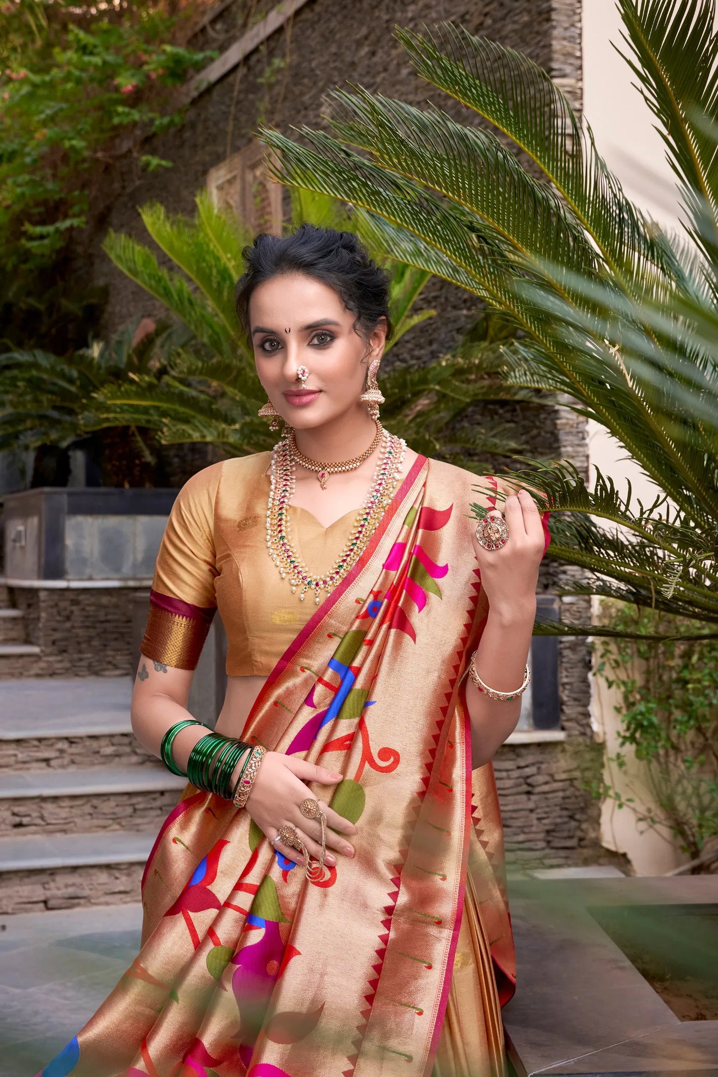 Royal Zari Jacquard Weaves Paithani Lehenga Choli - Chickoo