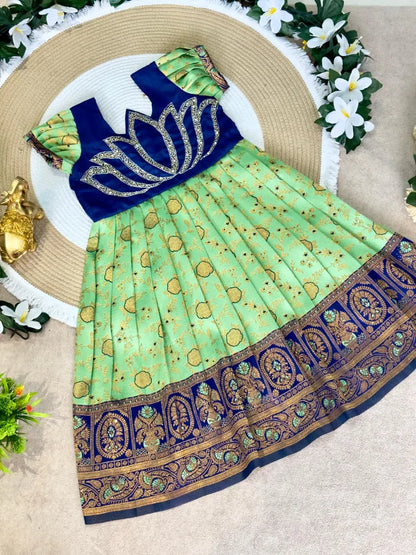 Jaquard Silk Lotus Maggam Work Gown/Frock - Blue & Pista