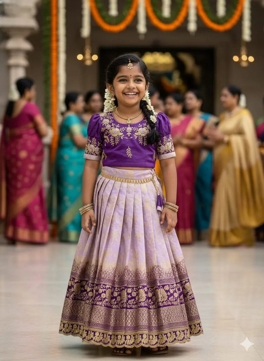 Viscose Silk Maggam Work Kids Lehenga-choli - Purple