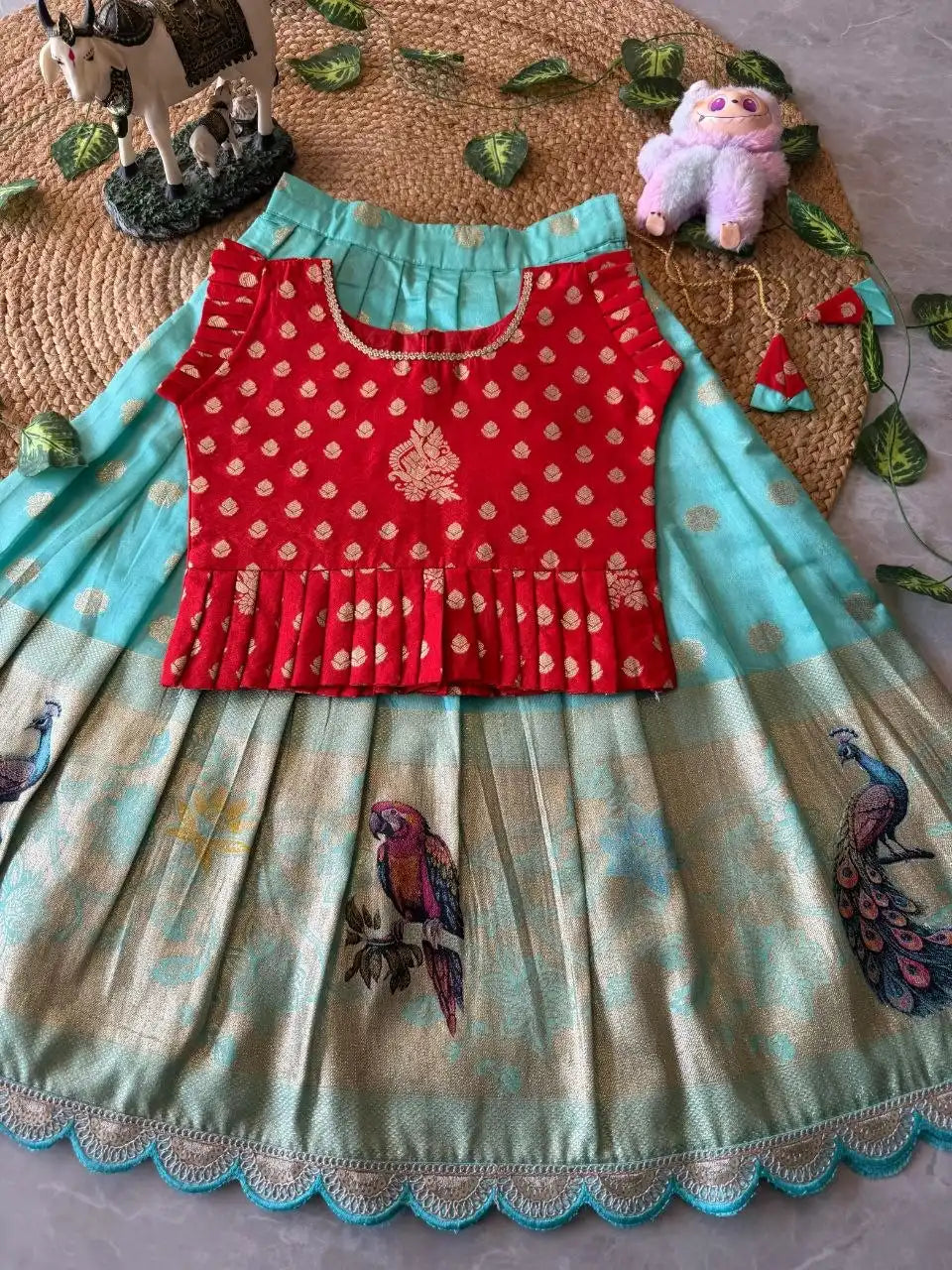 Peacock Grace Kids Lehenga Set - Red & Sky