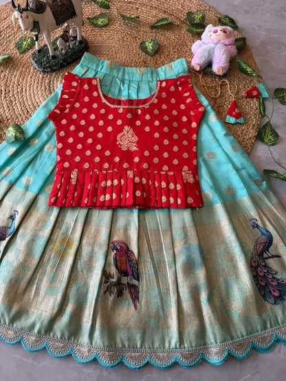 Peacock Grace Kids Lehenga Set - Red & Sky