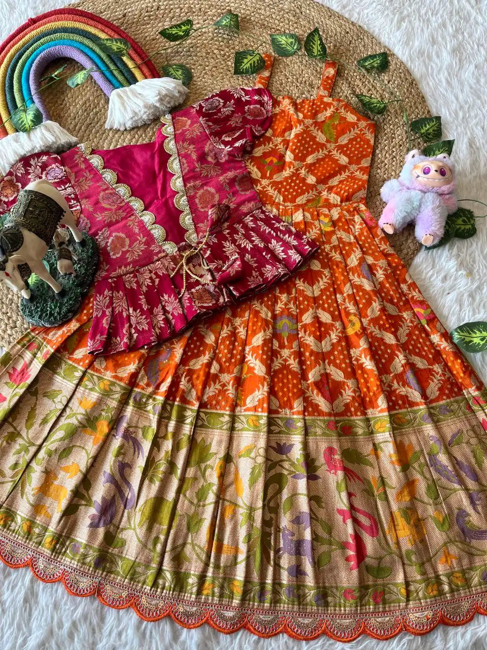 Kids Gown with Designer Coat- Rani Pink & Orange