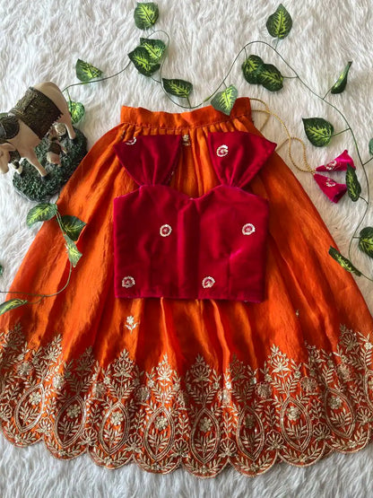 Royal Velvet Kids Lehenga Set - Red & Orange