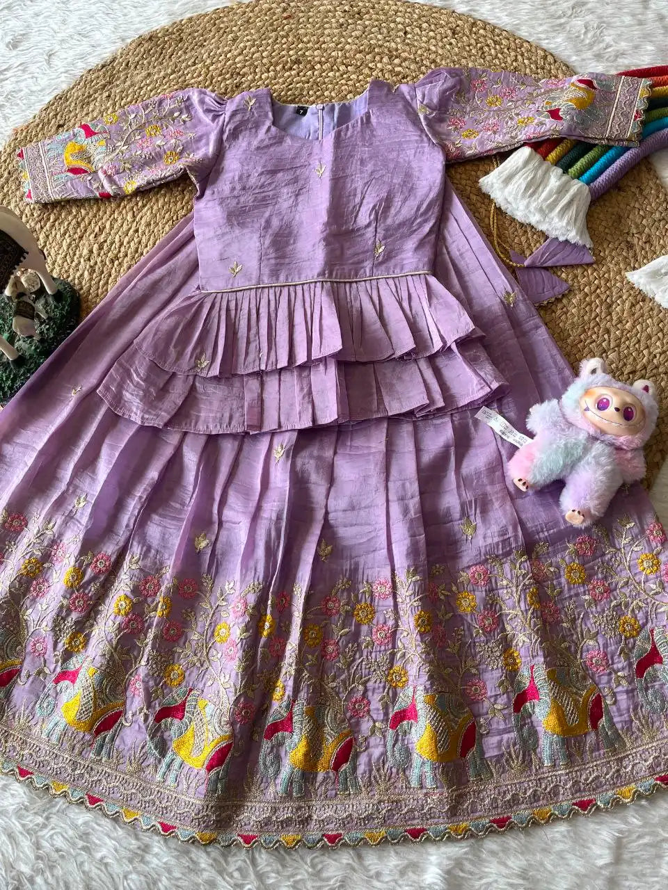 Kids Crush Fabric Elephant Embroidery Lehenga Set - Lavender