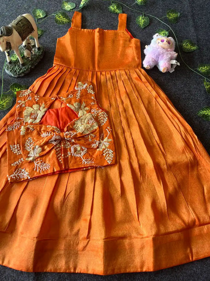 Kids Tissue Gown with Handwork Coat - Orange