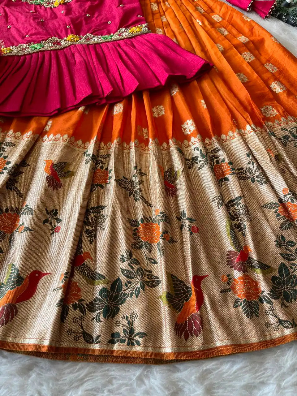 Soft Khadi Georgette Bird Weaving Lehenga - Orange