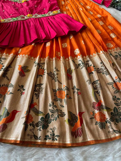Soft Khadi Georgette Bird Weaving Lehenga - Orange