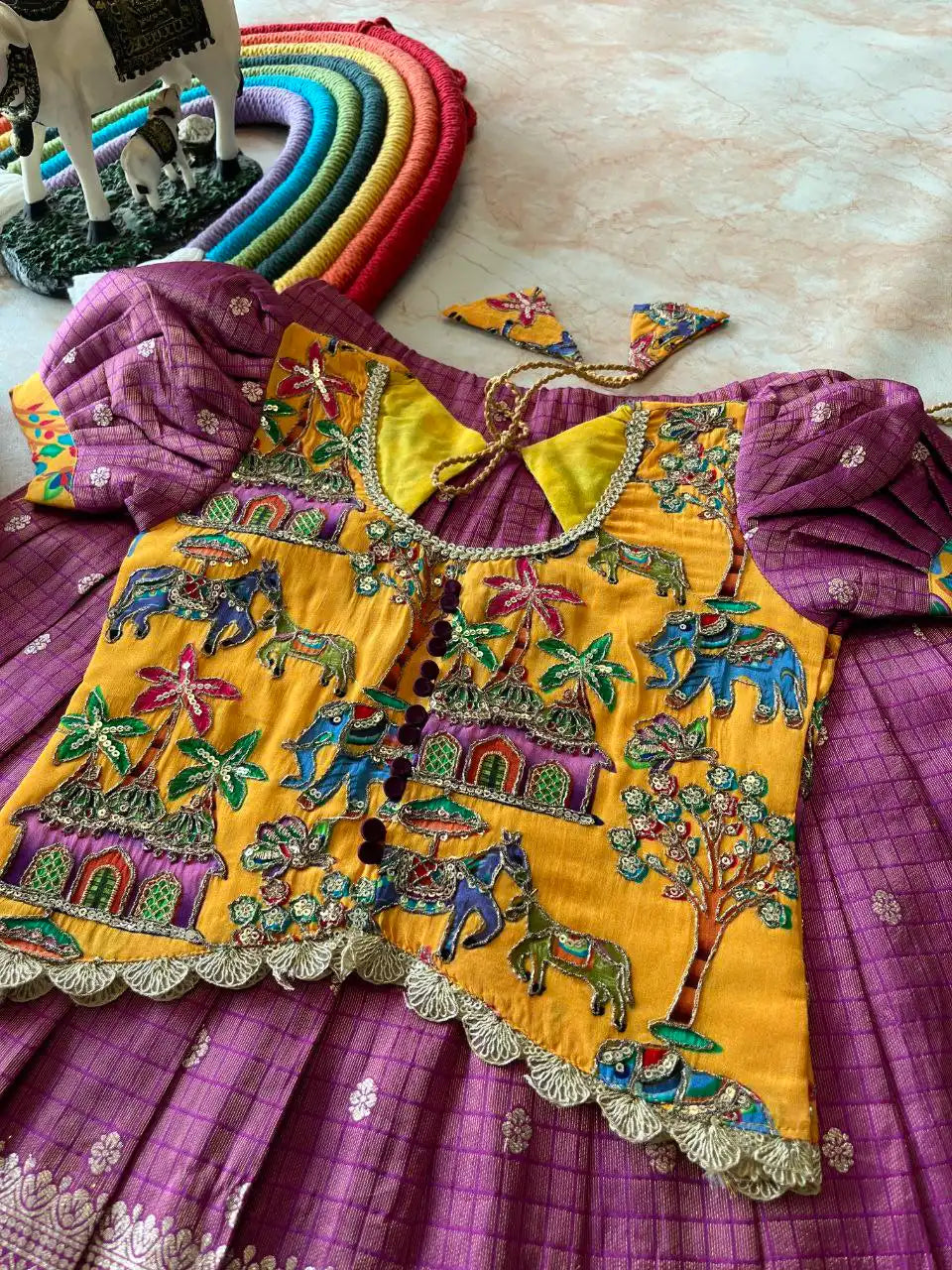 Kids Elephant 3D Weaving Lehenga - Rani Pink