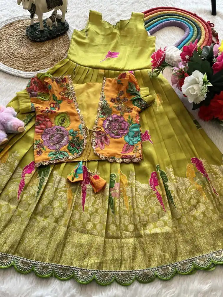 Parrot Design Floral Kids Gown with Coat - Parrot
