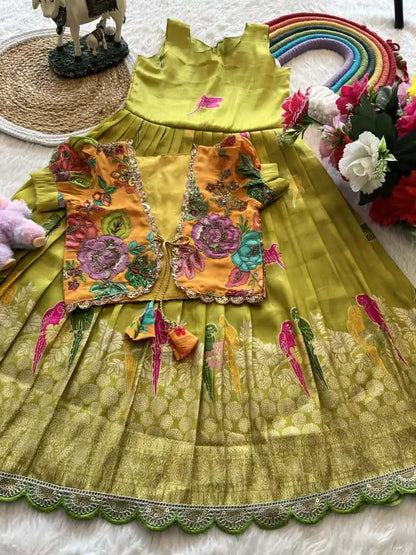 Parrot Design Floral Kids Gown with Coat - Parrot