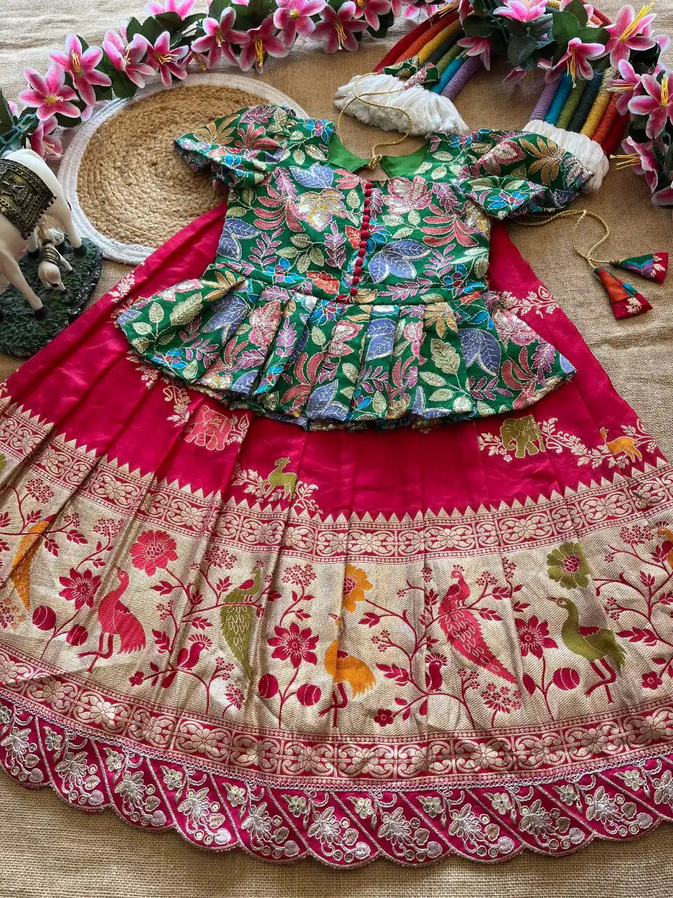 Kids Khadi Silk Animal Theme Weaving Lehenga - Rani Pink