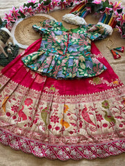 Kids Khadi Silk Animal Theme Weaving Lehenga - Rani Pink