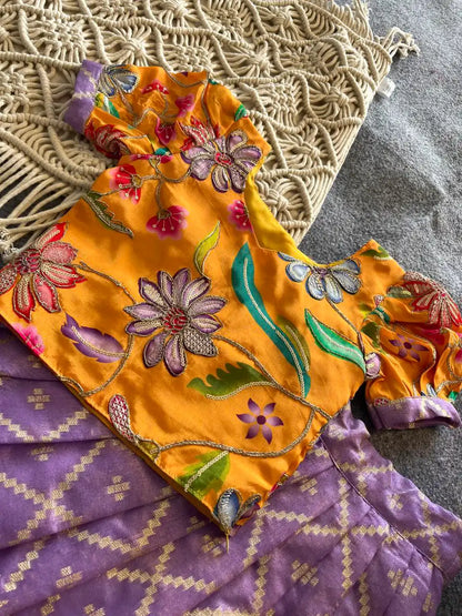 Dola Silk Parrot Meena Weaving Kids Lehenga - Lavender