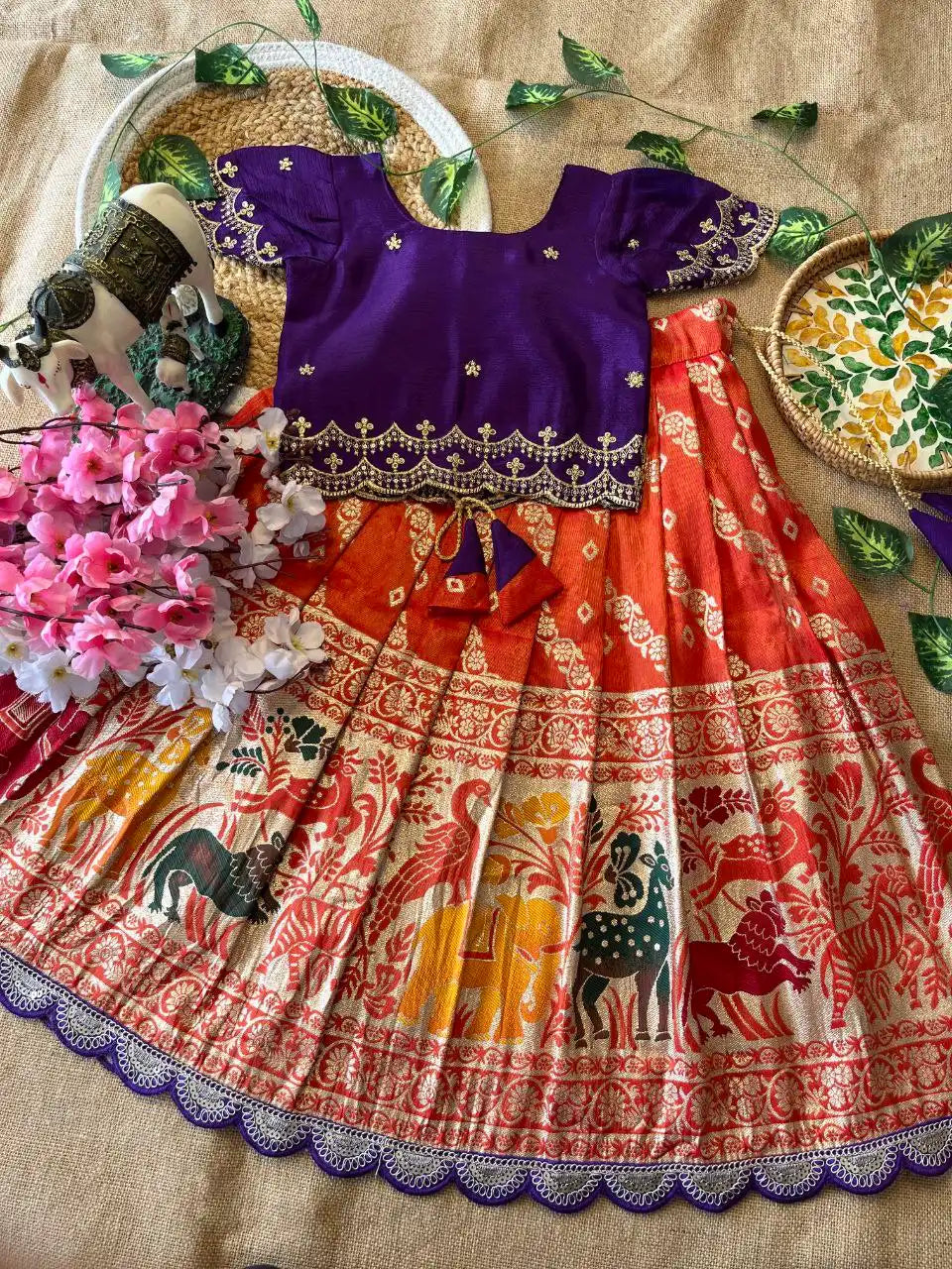 Animals Bandhej Leheriya Kids Lahenga - Purple