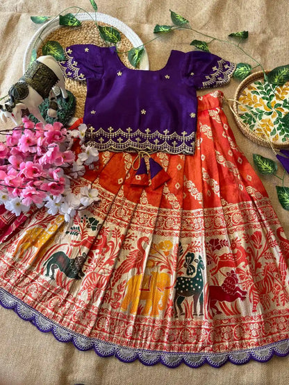 Animals Bandhej Leheriya Kids Lahenga - Purple