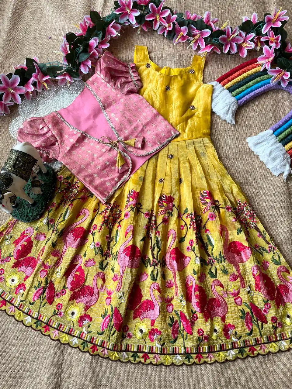 Flamingo Embroidery Kids Gown & Coat - Yellow