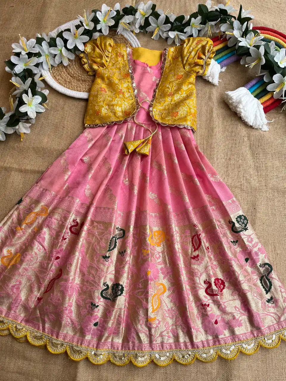 Soft Tissue Silk Paithani Weaving Kids Gown - Baby Pink