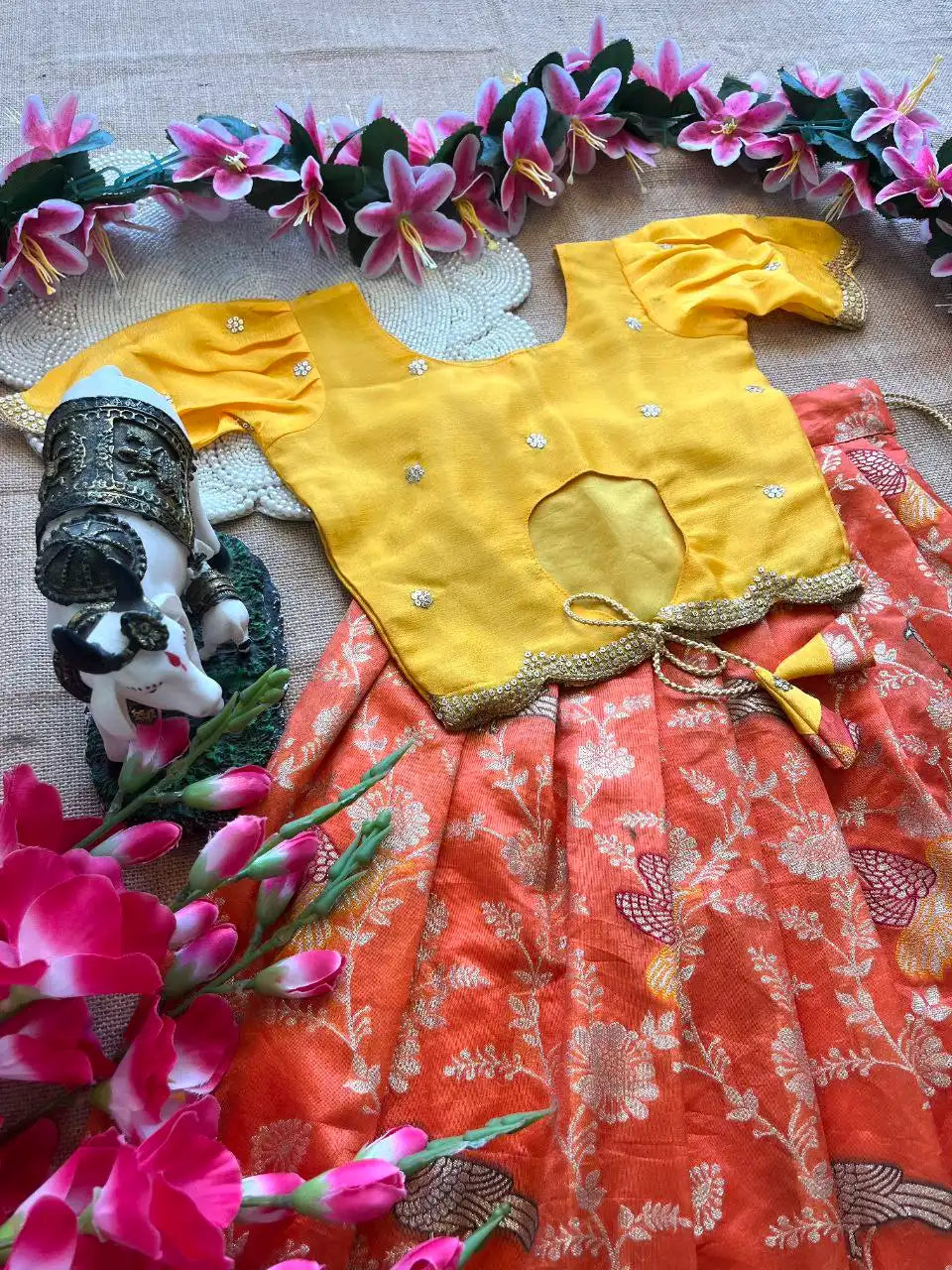 Kids Banarasi Dola Silk Paithani Lehenga - Orange