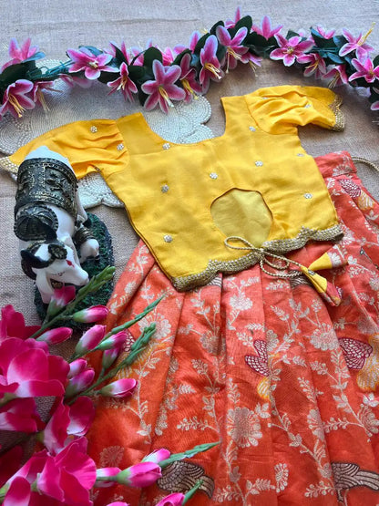 Kids Banarasi Dola Silk Paithani Lehenga - Orange