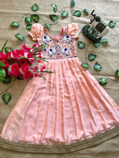 Kids Elephant Handwork Gown - Peach