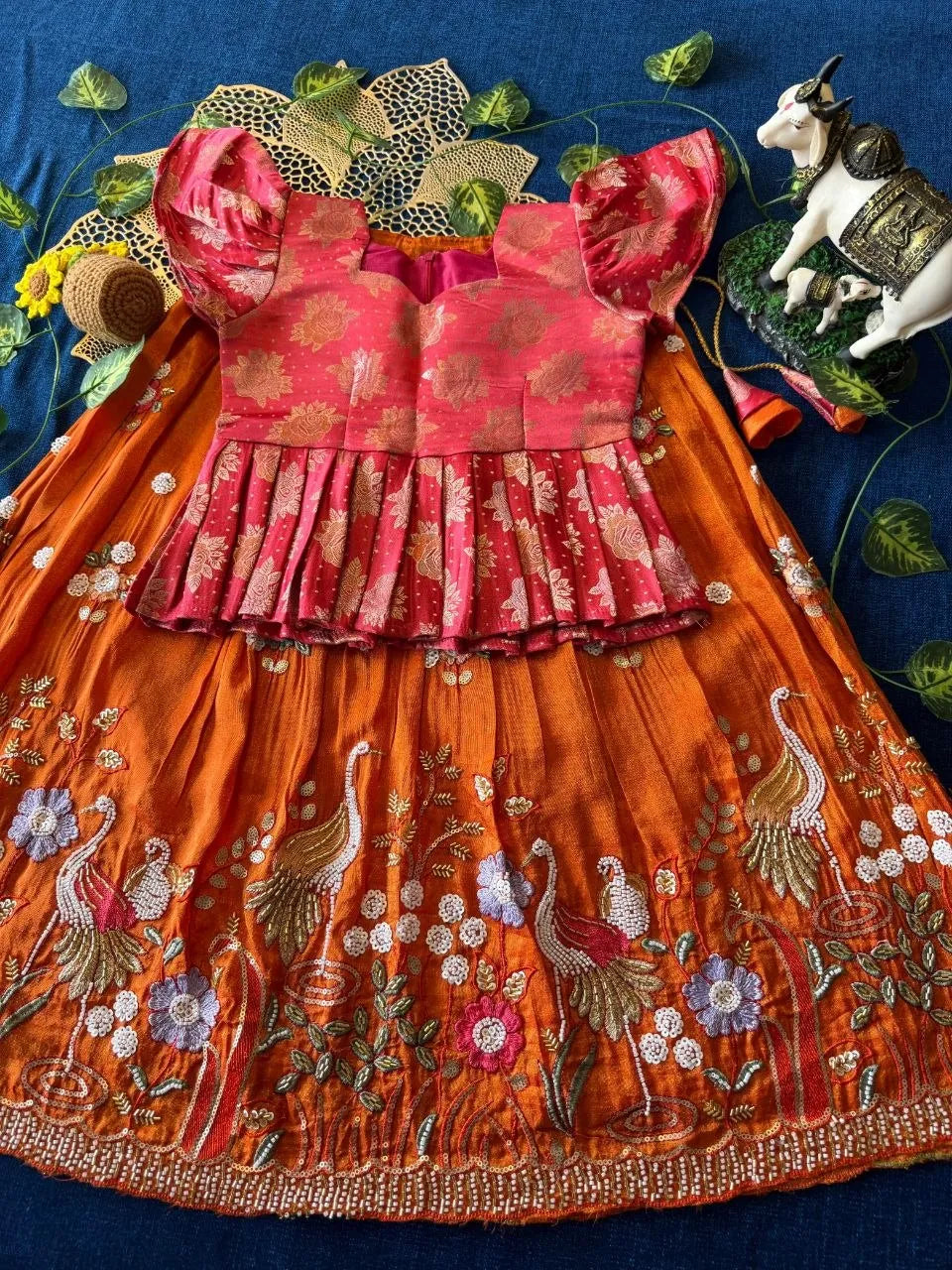 Flamingo Bead & Moti Work Kids Lehenga - Pink & Orange