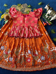 Flamingo Bead & Moti Work Kids Lehenga - Pink & Orange