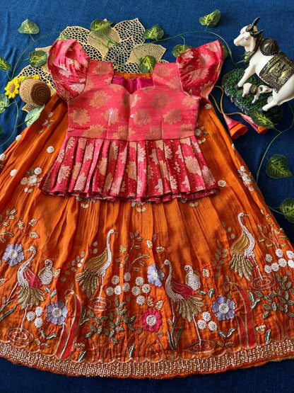 Flamingo Bead & Moti Work Kids Lehenga - Pink & Orange