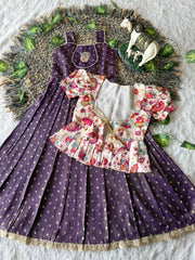Kids Tissue Gown Kalamkari Mirror Work Coat - Purple