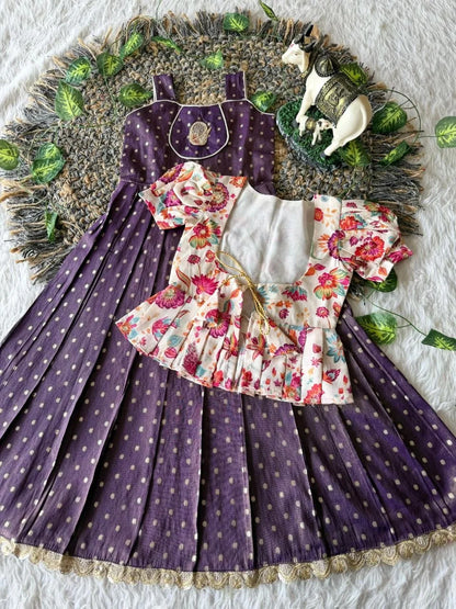 Kids Tissue Gown Kalamkari Mirror Work Coat - Purple
