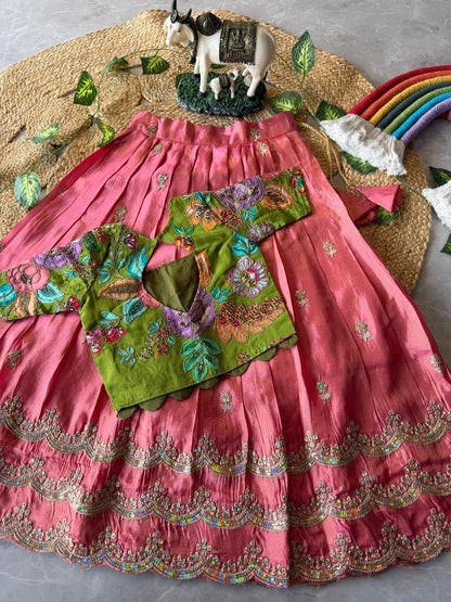 Kids Rainbow Work Designer Lehenga - Parrot & Pink
