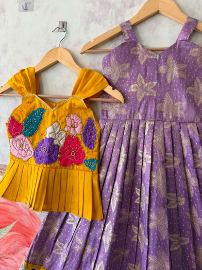 Kids Floral Gown with Maggam Work Coat - Lilac