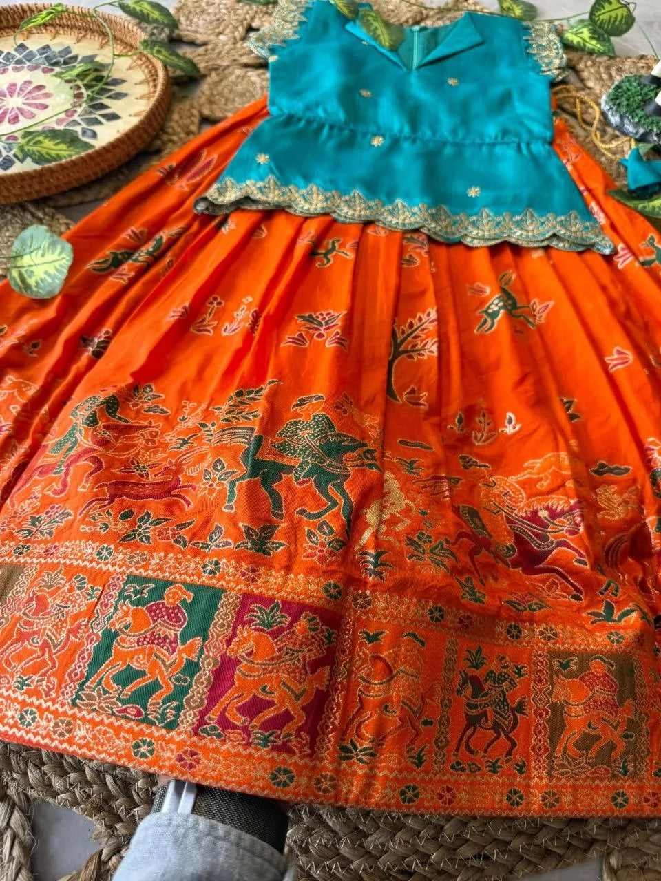 Kids Jungle Theme Position Jacquard Lehenga - Sky-Orange