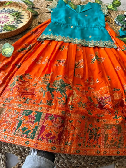 Kids Jungle Theme Position Jacquard Lehenga - Sky-Orange