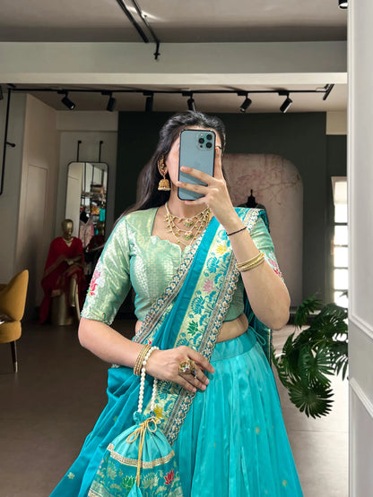 Soft Silk Paithani Embroidery Thread Work Lehenga Choli - Sky Blue