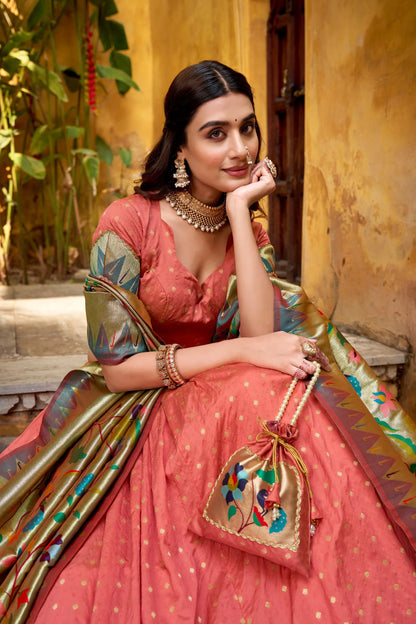 Traditional Maharashtrian Paithani Lehenga Choli for Wedding - Peach
