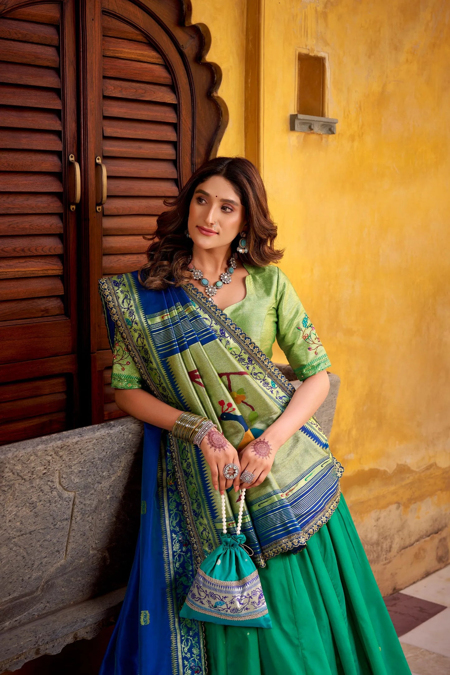 Soft Silk Paithani Embroidery Thread Work Lehenga Choli - Teal