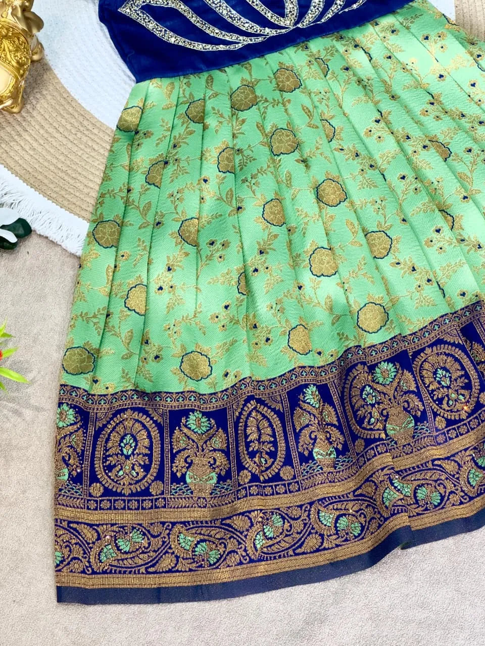 Jaquard Silk Lotus Maggam Work Gown/Frock - Blue & Pista