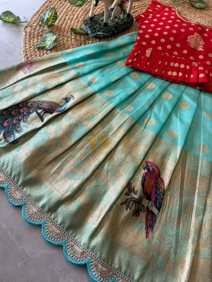 Peacock Grace Kids Lehenga Set - Red & Sky