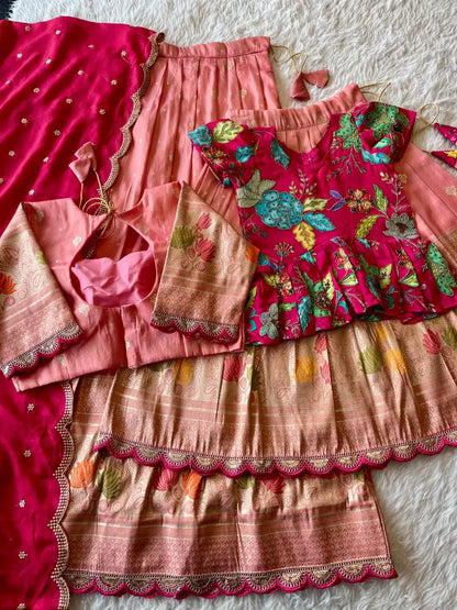 Soft Tissue Silk Embroidered Kids Lehenga Choli - Pink & Peach