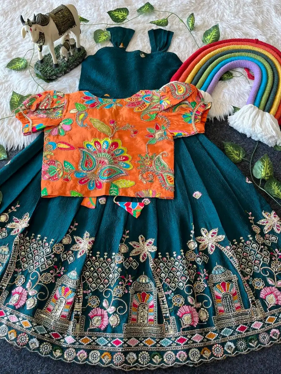 Temple Garden Designer Kids Festive Gown Set - Firozi