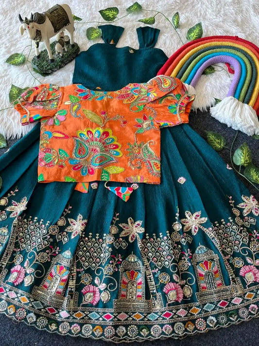Temple Garden Designer Kids Festive Gown Set - Firozi