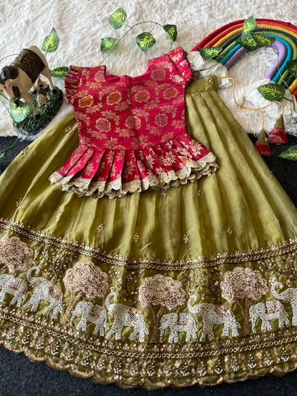 Elephant Garden – Kids Festive Lehenga Set - Mehndi