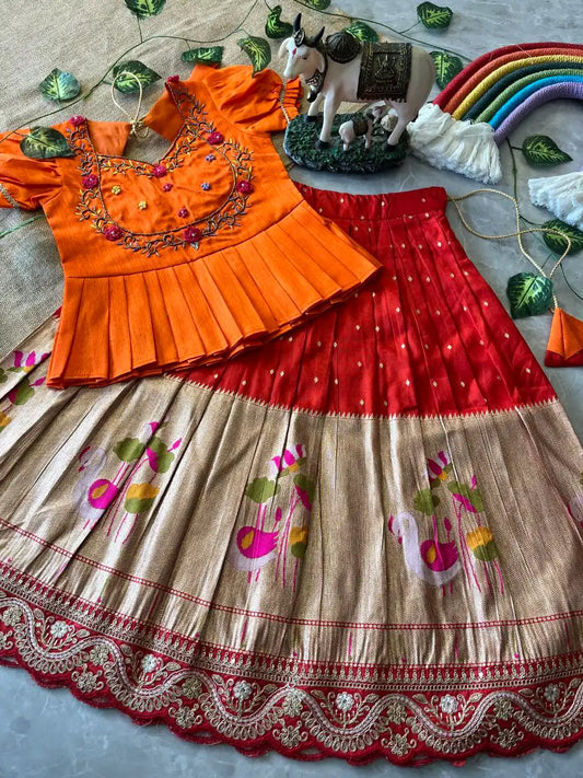 Flamingo Paithani Traditional Kids Lehenga - Red
